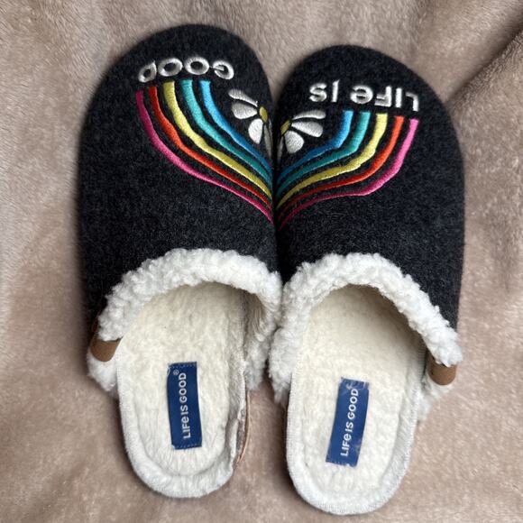 LIFE IS GOOD Cork & Felt Rainbow Daisy Gray Colorful Slippers Womens Sz 9 Medium - Picture 6 of 8